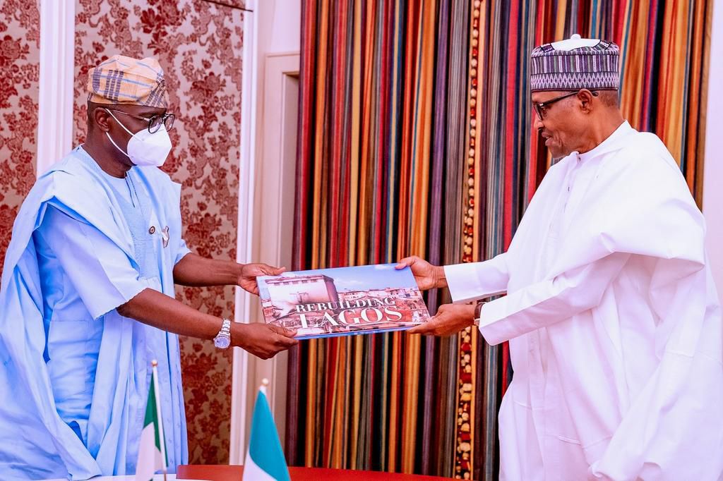 Lagos state Governor, Babajide Sanwo-Olu visits President Muhammadu Buhari to update him on the progress made in the reconstruction of Lagos following the #EndSARS mayhem. [Twitter/@NGRPresident]