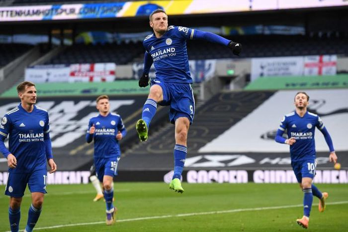 Flying Foxes: Jamie Vardy (centre)helped Leicester beat Tottenham 2-0 to move second in the Premier League