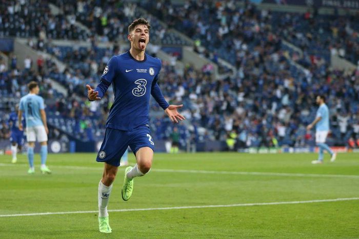 Kai Havertz runs away in celebration after scoring Chelsea's winner in the Champions League final