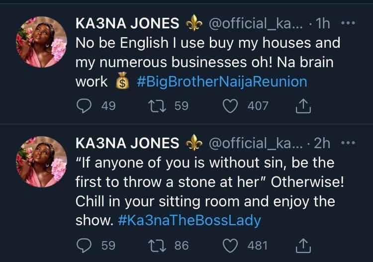 The reality TV star slams those mocking her accent. [Twitter/Ka3na]