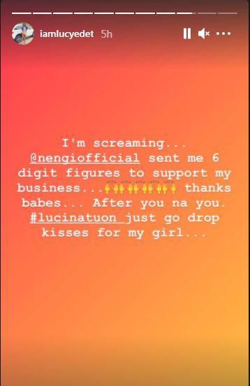 Lucy praises Nengi over the cash gift. [Instagram/IamLucyEdet]