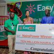 L-R: Isaac Nkemchor  - Business Development Manager, Vee - Special Guest, Easywin Lotto Ibrahim Rabiu - Winner, Easywin Jackpot, Adewale Aloyinlapa - City Manager, Easywin Lotto