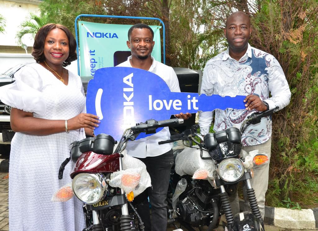 L-R: Coordinating Managing Director, TD Africa, Chimere Chioma; Director, Edge Base, Udoka Ejide and Senior Business Manager(West Africa), HMD Mobile Nigeria Limited, Emmanuel Ossai during the presentation of trucks and delivery bikes to customers by H...