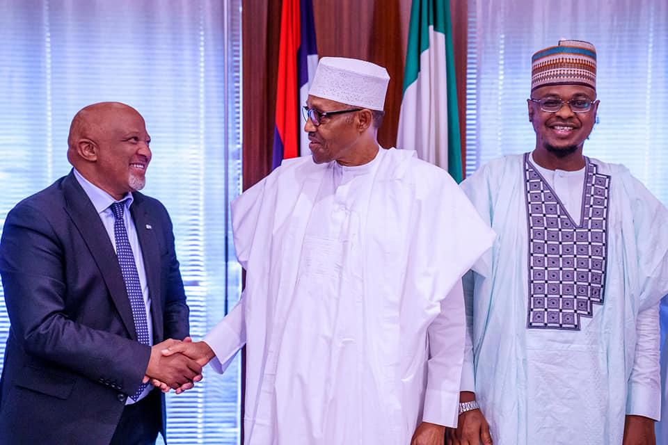 President Buhari with Chairman MTN Group Mr Mcebisi Jonas and Minister of Communications and Digital Economy Isa Pantami as he receives in audience Chairman MTN Group in State House on 28th Jan 2020