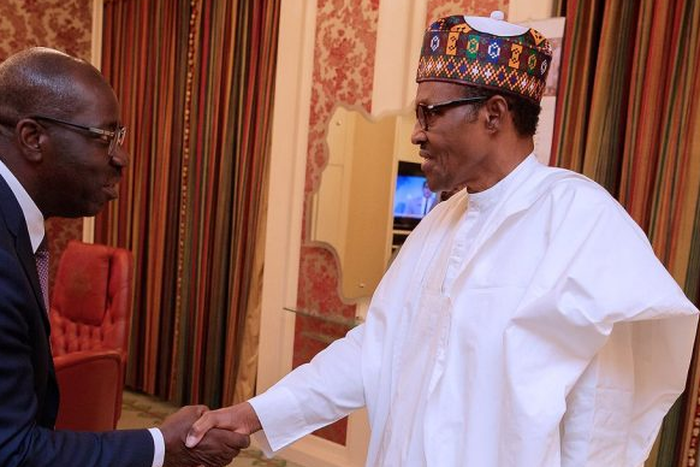 Governor Godwin Obaseki (left) with President Muhammadu Buhari (right) [Presidency]