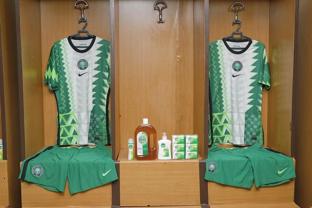 The Super Eagles’ home jersey with some Dettol products in the locker room