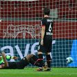 Robert Lewandowski (L) celebrates after equalising for Bayern Munich at Leverkusen