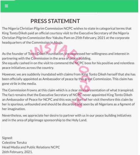 The statement released by the commission debunking Tonto Dikeh's appointment