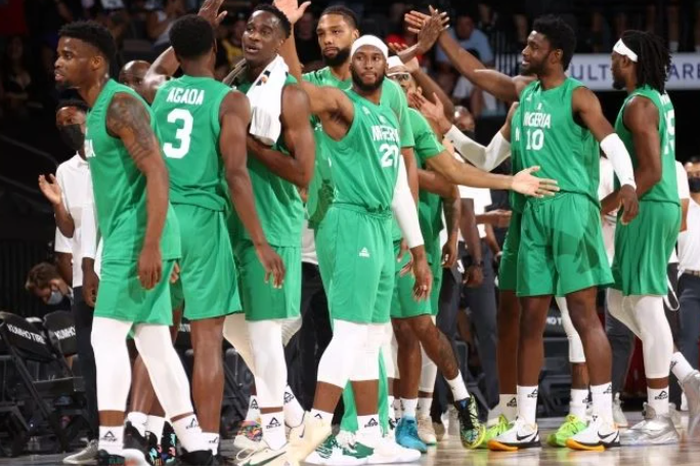 The Nigeria Men's National Team celebrates after the game on July 10, 2021 at Michelob ULTRA Arena in Las Vegas, Nevada. [Photo: AFP]