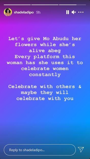 Ladipo says people will only be celebrated when they celebrate the achievements of others. [Instagram/ShadeLadipo]