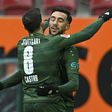 Stuttgart forward Nicolas Gonzalez (R) celebrates with Gonzalo Castro after scoring against Augsburg on Sunday