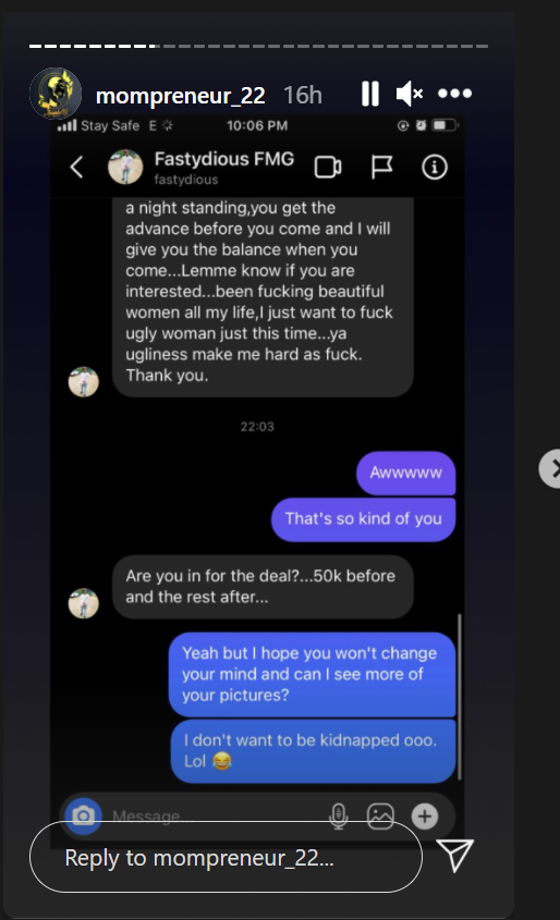 Model exposes chat with married man who offered half a million naira for sex. [Instagram/mompreneur22]