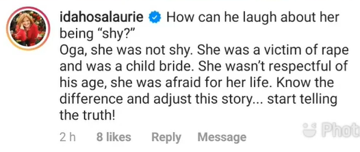 Idahosa says Edochie's mother was a victim of rape and a child bride.