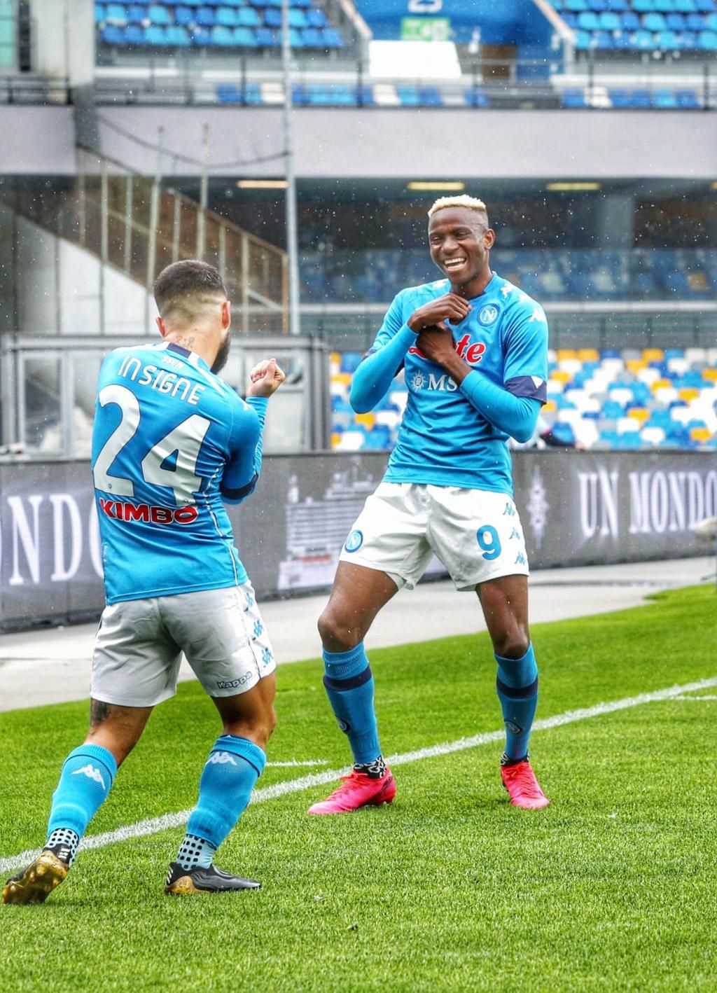 Victor Osimhen celebrates after scoring against Crotone in Serie A on Saturday, April 3, 2021. [Twitter/@FansTribeHQ]