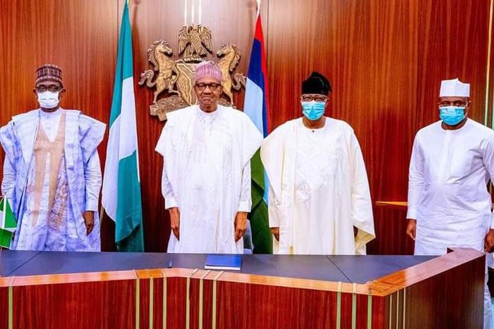 L-R: Chairman, Caretaker Extraordinary Convention Planning Committee (CECPC) of the APC, and Governor of Yobe, Mai Mala Buni; President Muhammadu Buhari; former Governor Gbenga Daniel of Ogun State; and former Speaker of the House of Representatives, D...