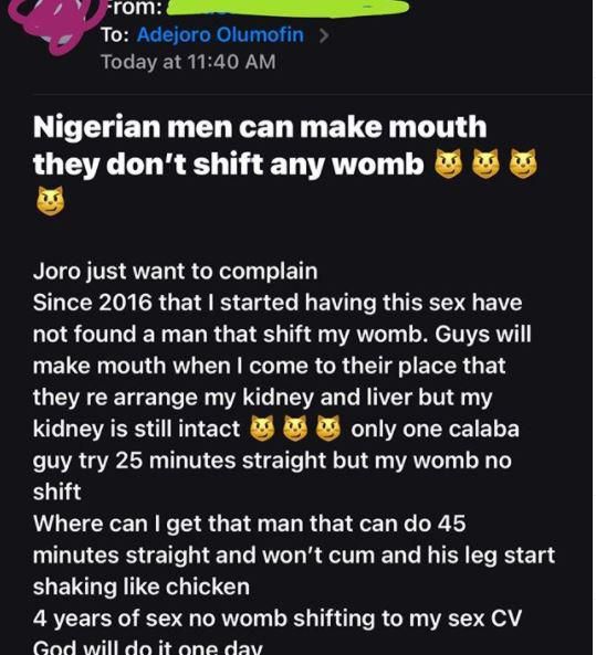 Since 2016 that I started having sex I’ve not found a man that can shift my womb – Lady complains