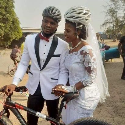 Female cyclist’s beautiful wedding full of bicycles; no car