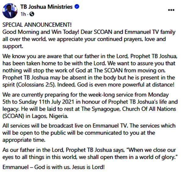 T.B Joshua Ministries announces the late prophet’s funeral arrangements and burial place