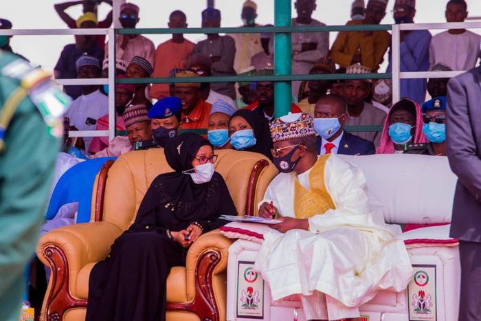 Zamfara Governor, Bello Matawalle and his wife, Hajiya Aisha Matawalle. [Twitter/@AishaMatawalle]