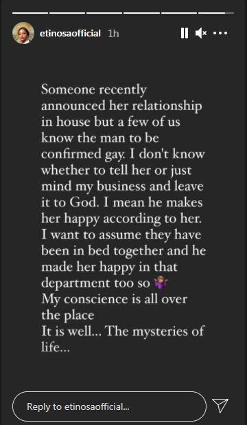 The actress says she is in a dilemma as to what to do about her friend's relationship. [Instagram/EtinosaIdemudia]