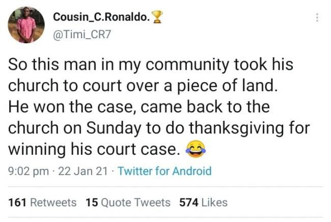 Man sues church over a piece of land and wins, returns to the same church for thanksgiving