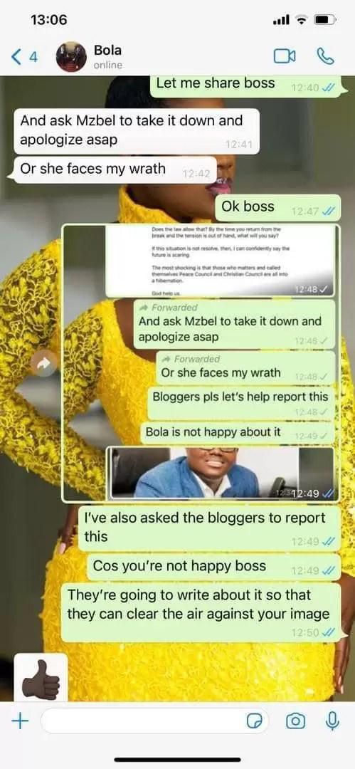 Leaked Bola Ray whatsapp text