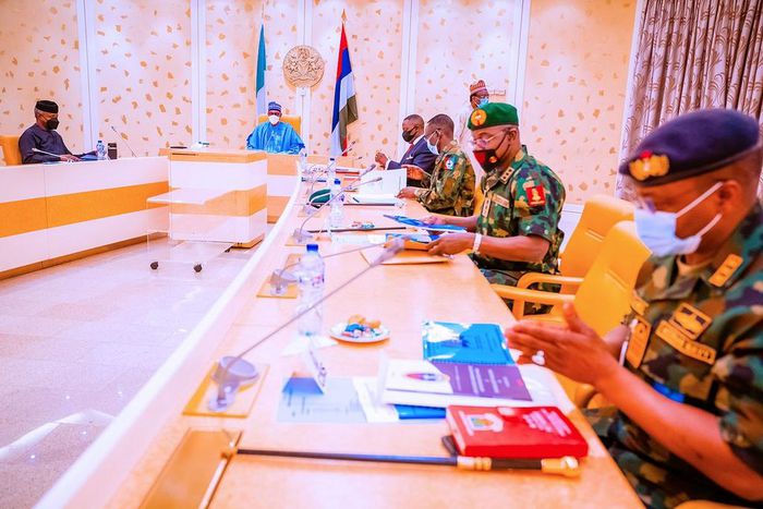 President Buhari meets security chiefs on Thursday, August 19, 2021 (Tolani Alli)