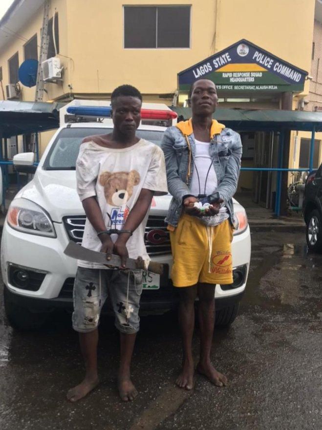 Some of the suspects arrested by the police for allegedly conniving with bus conductors to rob passengers in Lagos traffic. [Twitter/@rrslagos767]