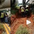 Airplane gets stuck in mud after skidding off the runway