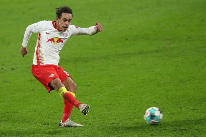 Yussuf Poulsen scores RB Leipzig's winning goal against Wolfsburg in Wednesday's German Cup quarter-final