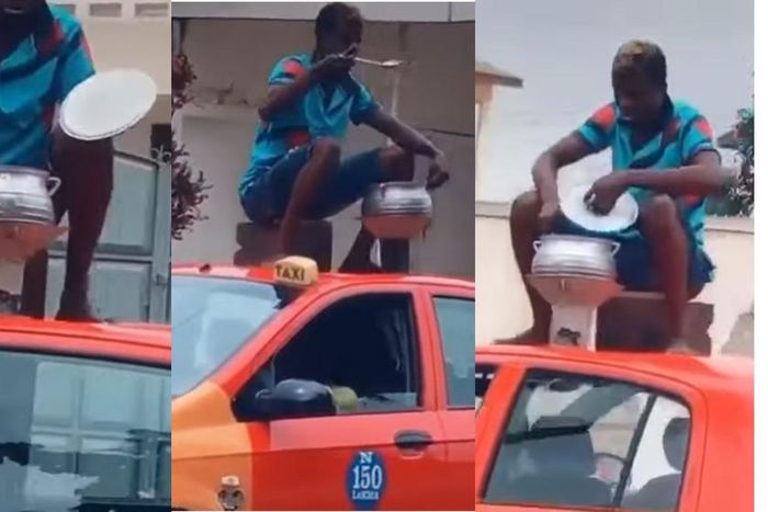 Ghanaian man cooks with coalpot on top of moving taxi while sitting on kitchen stool (video)