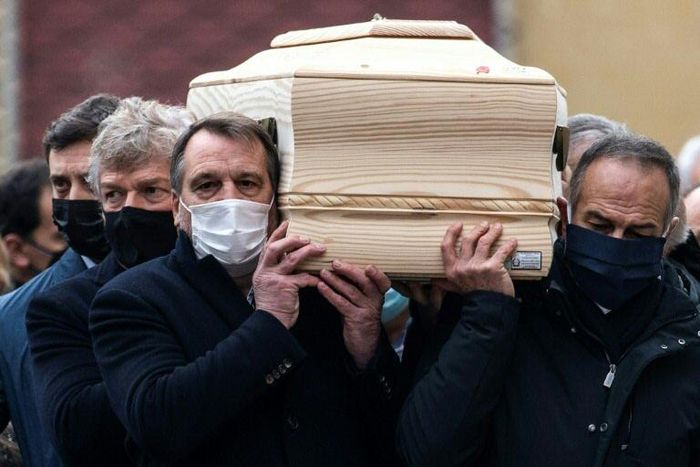 Italy 1982 World Cup winners  Marco Tardelli (3rd L) and Antonio Cabrini (R) carry the coffin of former teammate Paolo Rossi at his funeral in the Cathedral in Vicenza, northeastern Italy.