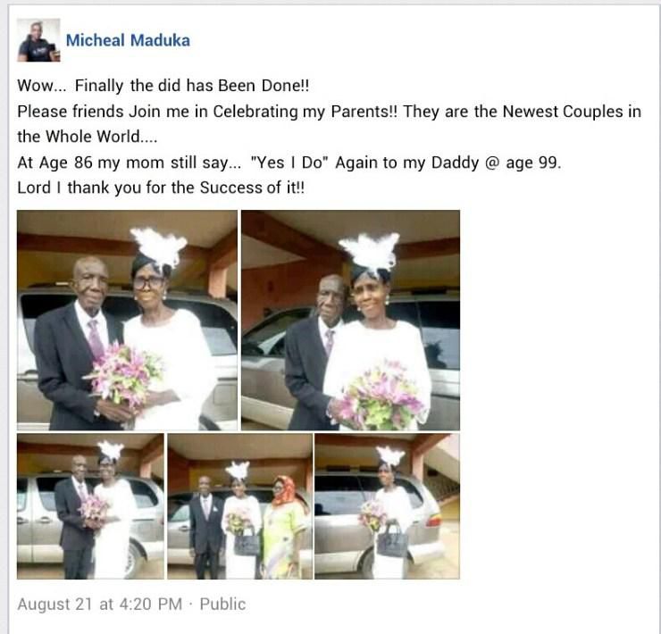 Man celebrates as his 99-year-old father weds 86-year-old mother: "Newest couples in the world"