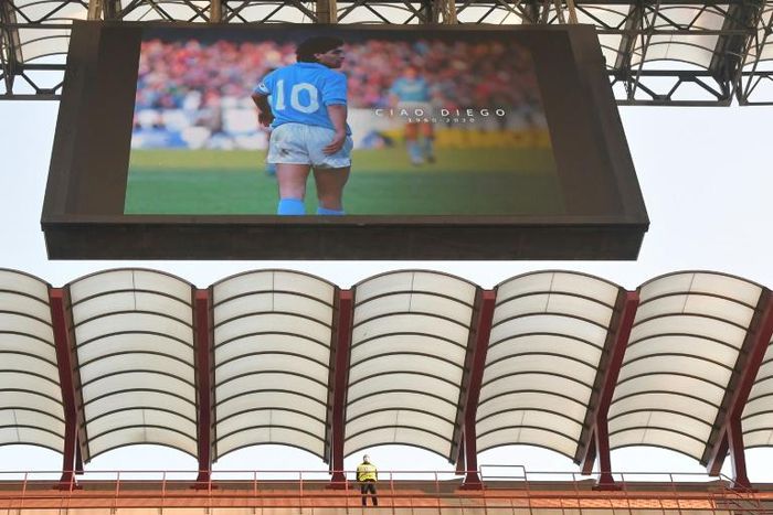 A photo of Diego Maradona is displayed before the Serie A between AC Milan and Fiorentina in the San Siro.