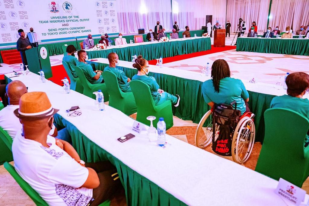 Vice President Yemi Osinbajo SAN on behalf of President Buhari unveils Team Nigeria's 2021 Olympic Kit and attends the send forth ceremony for the athletes en-route the 2021 Tokyo Olympic Games at the State House Banquet Centre, Abuja. 12th July, 2021....