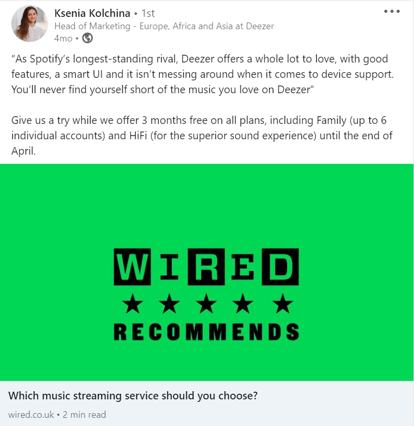 Deezer's vs. Spotify and Soundcloud over the course of 2021. (LinkedIn)