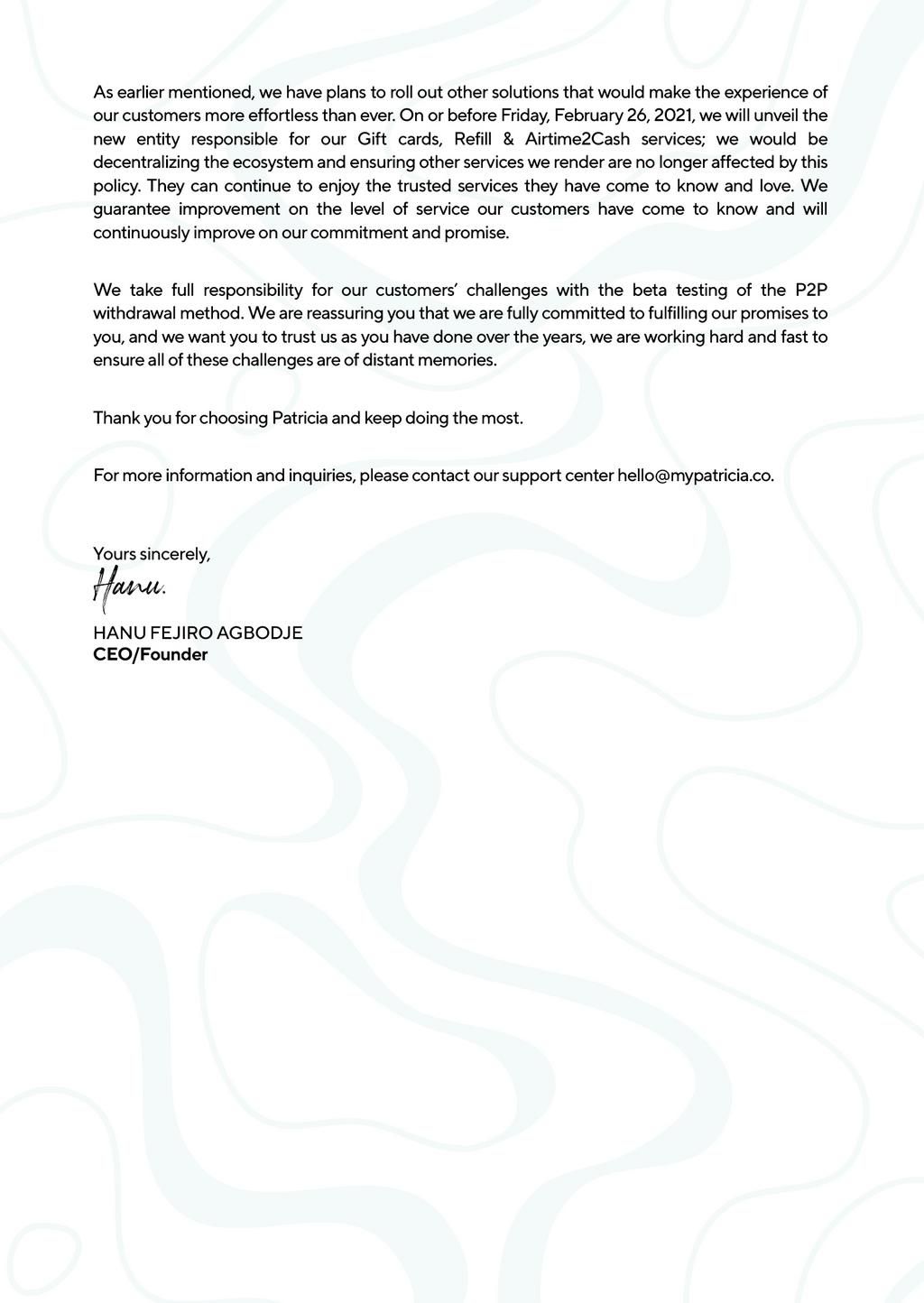 Patricia addresses CBN circular’s impact on her services and partnership with foreign payment solutions company; Vaunt