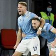 Manuel Lazzari (R) celebrates Ciro Immobile's goal during January's win over Roma