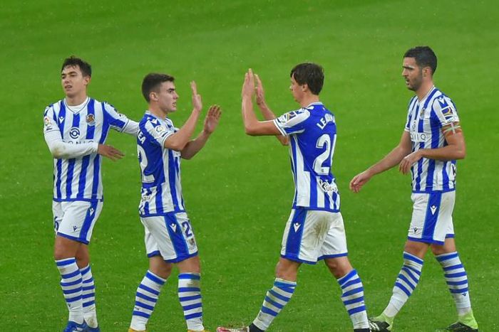 That will do: Real Sociedad players celebrate their goal