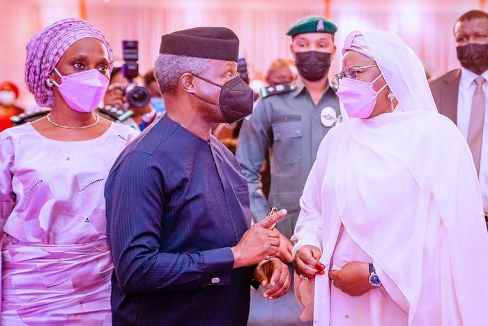 From L-R: Dolapo Osinbajo, Vice President Yemi Osinbajo and First Lady Aisha Buhari at the launch of Aisha's eponymous book in Abuja on Thursday, April 8, 2021 (Tolani Alli)