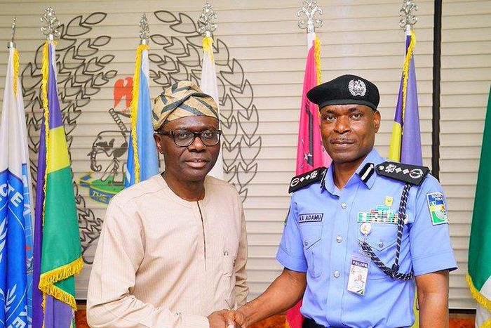 Lagos state Governor Babajide Sanwo-Olu and the Inspector General of Police, Muhammed Adamu. [Twitter/@jidesanwoolu]