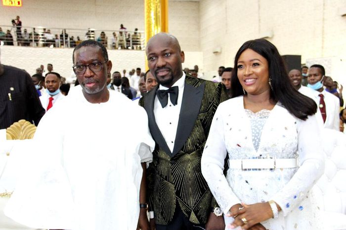 Gov Okowa (left) and the General Overseer of Omega Fire Ministry, Apostle Johnson Suleman (middle), in Auchi, Edo, on Sunday, March 28, 2021.