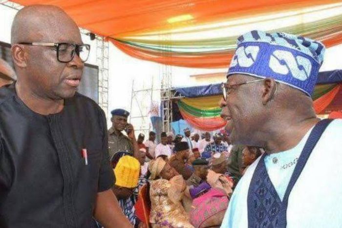 Former Governor of Ekiti State, Ayodele Fayose and former Governor of Lago State, Bola Ahmed Tinubu at a social function (WithinNigeria)