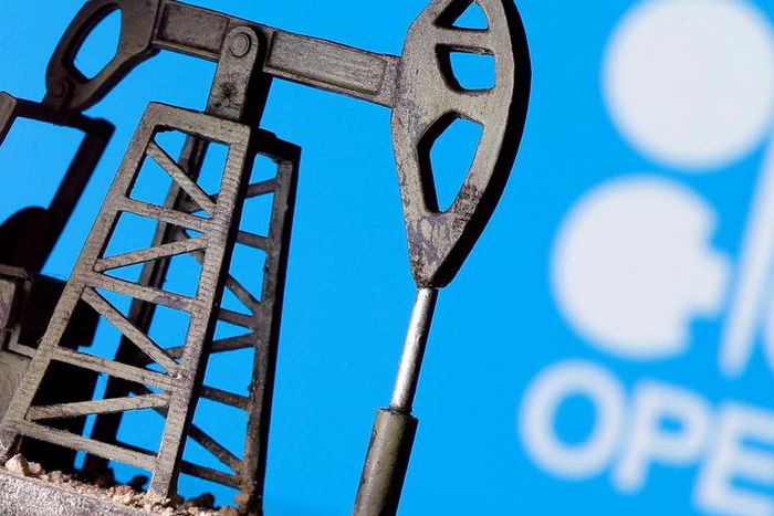 FILE PHOTO: A 3D printed oil pump jack is seen in front of displayed Opec logo in this illustration picture