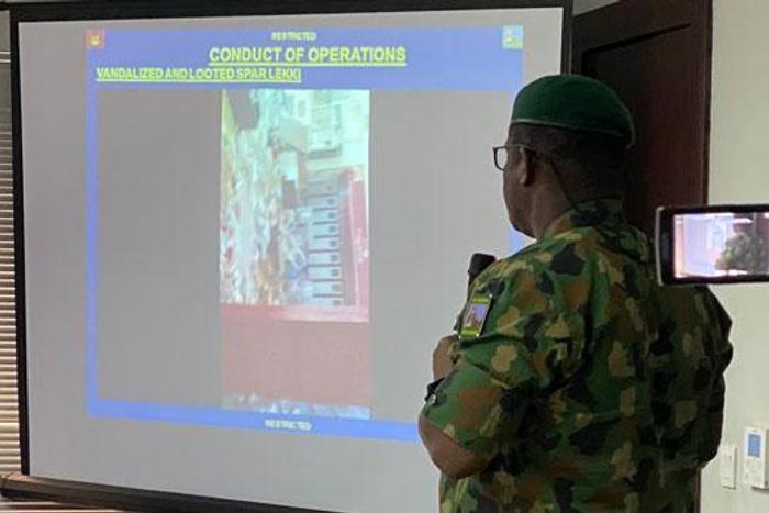 Commander of 81 Military Intelligence Brigade, Victoria Island, Lagos, Brig. Gen. Ahmed Taiwo tells members of Lagos Judicial Panel about the role the army played in the Lekki shooting incident. (TheNation)