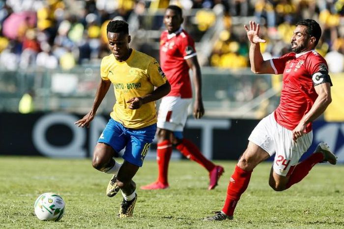 Themba Zwane (L) scored twice for Mamelodi Sundowns Sunday in a CAF Champions League triumph over CR Belouizdad.