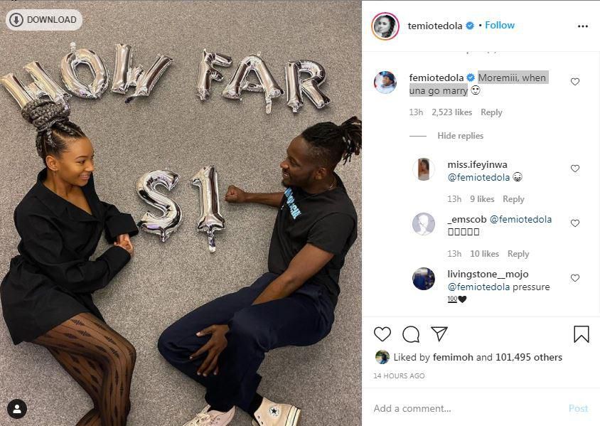 Femi Otedola asks his daughter Temi Otedola when she and her boyfriend, singer Mr Eazi, will be getting married. [Instagram/TemiOtedola]