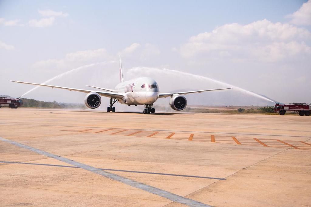 Qatar Airways water cannon welcome in Abuja, Nigeria.