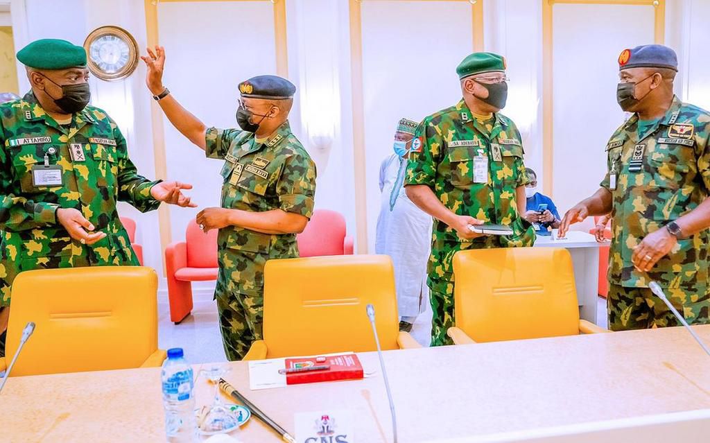 The president's service chiefs attend the May 4, 2021 security meeting (Tolani Alli)