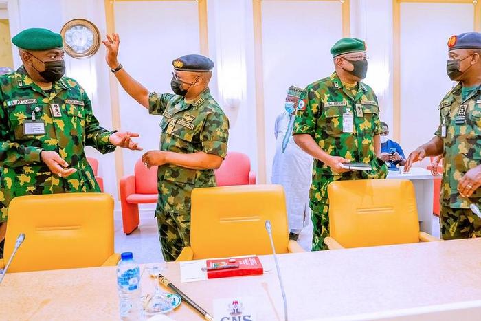 The president's service chiefs attend the May 4, 2021 security meeting (Tolani Alli)